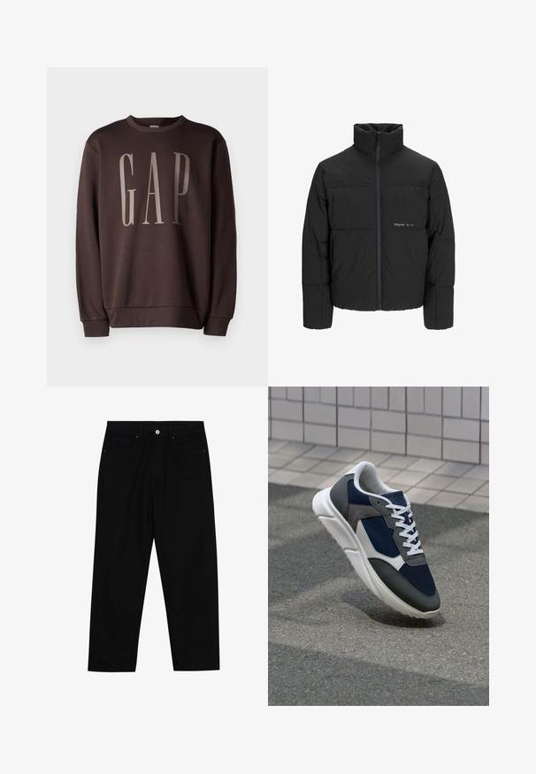Chaqueta acolchada negra con un alto cuello, cierre frontal de cremallera y diseño acolchado. Tejido suave con un logo sutil en el pecho.; GAP Sudadera - terra brown; Pantalones de mezclilla negra con corte recto, diseño de cinco bolsillos y cierre frontal con botón. Textura suave con detalles de costura mínimos.; Zapatillas con una parte superior de malla azul marino, detalles en gamuza gris, suela de goma blanca y cordones blancos planos, diseñadas para la comodidad y transpirabilidad.