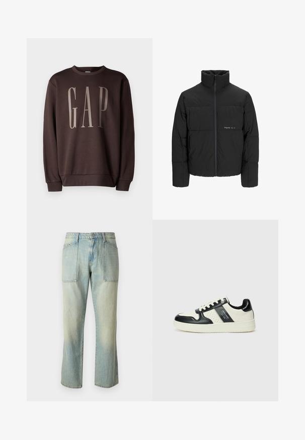 Zwarte pufferjas met een hoge kraag, ritssluiting aan de voorkant en een quilted design. Glad materiaal met een subtiel logo op de borst.; GAP Sweater - terra brown; Lichtblauwe denim jeans met een rechte pijp, zichtbare stiksels en twee grote voorkruiden. De stof heeft een vervaagd uiterlijk.; Leren sneakers met een zwart en crèmekleurig kleurenschema, voorzien van geperforeerde accenten, een gevoerde kraag en een gestructureerde buitenzool.