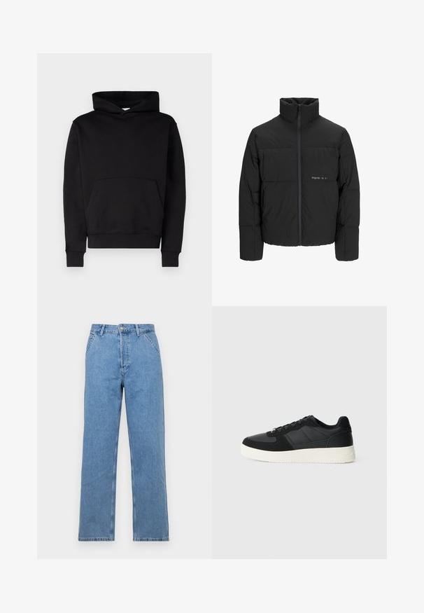 Svart boblejakke med høy krage, frontåpning med glidelås og kviltet design. Glatt stoff med en subtil logo på brystet.; Svart hettegenser laget av myk stoff, med kengurulomme, ribbede mansjetter og snorlukk. Ingen mønstre eller logoer synlige.; Lyseblå denim rettslit jeans med klassisk fem-lomme design, med knappstenging foran og beltesløyfer. Glatt tekstur.; Svart lavtopp sneakers med teksturert lær og semskede paneler, hvit gummisåle og svarte snørebånd på en enkel lys bakgrunn.
