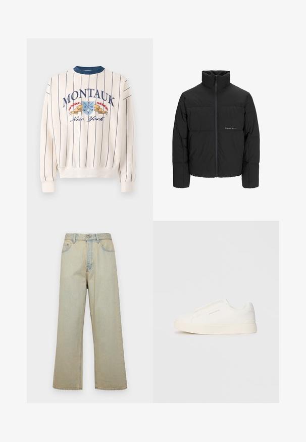 Svart boblejakke med høy krage, frontåpning med glidelås og kviltet design. Glatt stoff med en subtil logo på brystet.; Abercrombie & Fitch Golf Graphic Crew Sweatshirt - Sweatshirt - white; Lyseblå vide jeans laget av denim med en falmet finish. Har fem lommer og en frontlukking med knapp.; Hvite slip-on joggesko med teksturert overflate, tykk såle og minimalistisk design. Har merkevarelogo på siden.