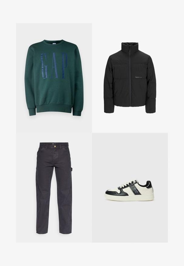 Giubbotto bomber nero con colletto alto, chiusura frontale con zip e design trapuntato. Tessuto liscio con un logo discreto sul petto.; Felpa verde con scollo rotondo e polsini a coste. Presenta un logo "GAP" blu scuro lucido sulla parte anteriore. Tessuto morbido.; Pantaloni cargo grigio scuro realizzati in tessuto resistente, con un taglio dritto, cinque tasche e chiusura a bottoni in vita.; Sneakers in pelle con una combinazione di colori nero e crema, dotati di dettagli perforati, collare imbottito e suola testurizzata.