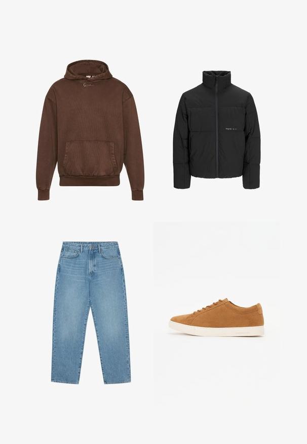 Giubbotto bomber nero con colletto alto, chiusura frontale con zip e design trapuntato. Tessuto liscio con un logo discreto sul petto.; Felpa con cappuccio marrone, dotata di superficie testurizzata, tasca frontale e polsini e bordo a costine. Presenta un logo minimalista sul petto.; Jeans a gamba larga in denim azzurro chiaro con vita alta, dotati di cinque tasche, passanti per cintura e una consistenza morbida e leggermente sbiadita.; Sneaker in suede marrone con design low-top, suola in gomma bianca e punta rotonda. Presenta lacci abbinati e una grafica minimal sul tallone.