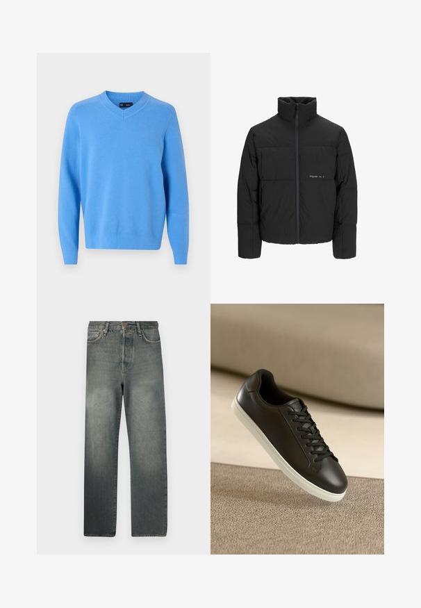 Črni pufast plašč z visokim ovratnikom, sprednjim zadrgo in prešitjem. Gladka tkanina z diskretnim logotipom na prsih.; Svetlo modra pulover z V-izrezom iz mehkega pletenega materiala. Ima dolge rokave, rebraste manšete in sproščen kroj. Brez vidnih vzorcev ali dodatkov.; Jack & Jones JJIALEX JJCOOPER - Vrečaste kavbojke - black denim; Črne usnjene superge z belo gumijasto podplatom in črnimi vezalkami, postavljene na bež tkaninsko površino in ozadje.