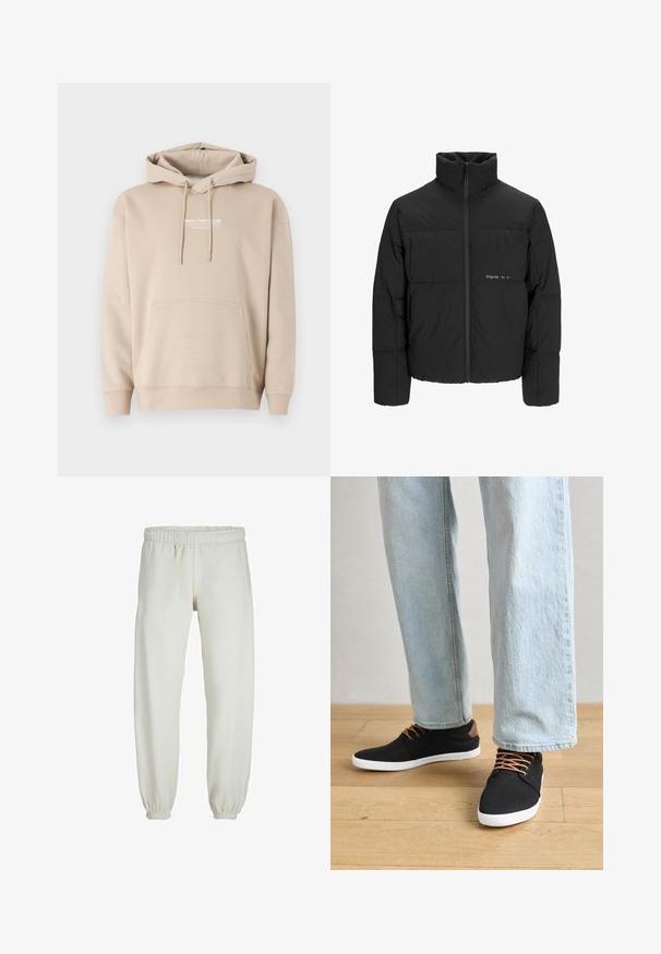 Crna puffer jakna s visokim ovratnikom, prednjim zatvaračem i kviltanim dizajnom. Glatka tkanina s suptilnim logotipom na prsima.; Bež dukserica s kapuljačom od mješavine pamuka, s prednjim kenguruh džepom i kapuljačom s vezicom. Ispisani logo na prsima. Mekana tekstura.; Bijele trenirke napravljene od mekanog materijala, s elastikom u struku i na manžetama, glatke teksture i labavog kroja.; Crne platnene tenisice s smešnim detaljima, bijelim gumiranim potplatima i smešnim čipkama, u kombinaciji s svijetloplavim ravnim trapericama. Pozadina od drvenog poda.