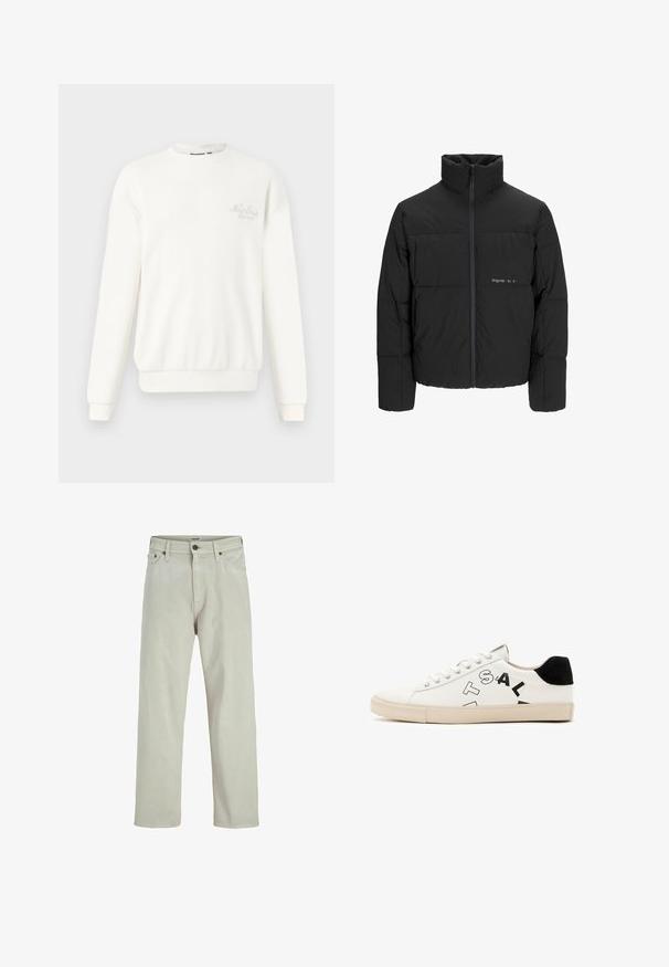 Mustra musta puffer-jakk, millel on kõrge krae, eesne tõmblukku ja tikandiga disain. Sile kangas, millel on rindkeres diskreetne logo.; Valge soonikuline sweatshirt, mis on valmistatud pehmest kangast, omades ümarat kaela, pikki varrukaid ja tikitud logo rinnal.; Heledad beežid denim teksad sirge jalgade disainiga, viie taskuga stiil ja nööbiga kinnitus vööl, millel on minimaalsed õmbluse detailid.; Valge nahkne tennis, millel on mustad aktsendid kandadel, julged mustad tähed küljel ja kummist tald. Minimalistlik disain.