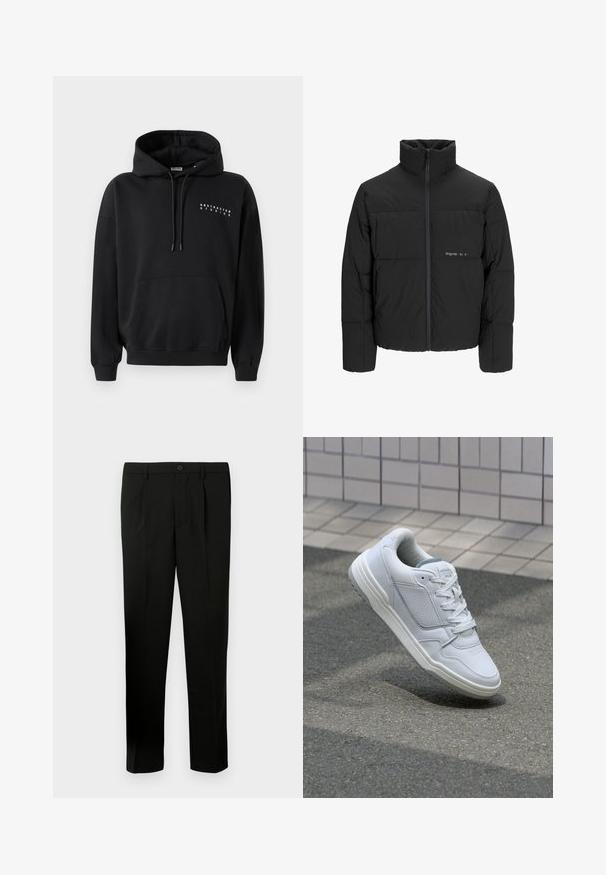 Sort dunjakke med høj krave, frontlynlås og quiltet design. Glat materiale med en diskret logo på brystet.; Sort hættetrøje med frontlomme, snoretræk til huen og "ABSTRACTED STUDIOS" trykt i hvidt på brystet. Pullover-design.; Sorte skræddersyede bukser med flad forkant, to læg, knaplukning, sidelommer og lige ben. Fremstillet af et glat stof.; Hvide lædersneakers med perforerede sider, teksturerede detaljer, flade snørebånd og en kontrasterende grå hæl. Har en let forhøjet sål.