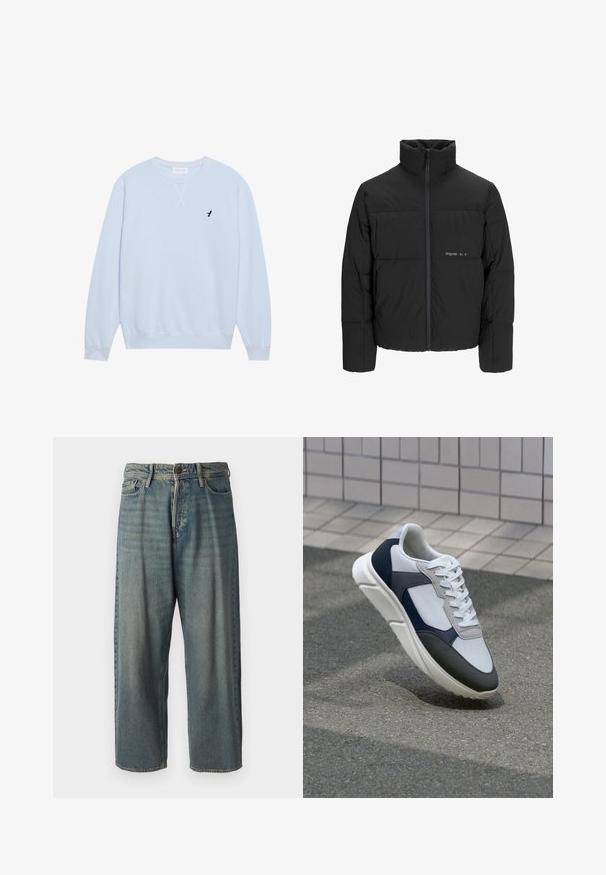 Black puffer jacket featuring a high collar, front zip closure, and quilted design. Smooth fabric with a subtle logo on the chest.; Light blue sweatshirt made of cotton with a crew neckline, ribbed cuffs, and an embroidered black bird logo on the left chest.; Light blue denim jeans with a loose fit, mid-rise waist, and straight legs. Features five pockets, belt loops, and a button closure.; White, navy, and gray sneaker with a mixed material design, featuring a textured upper, flat laces, and a cushioned sole.