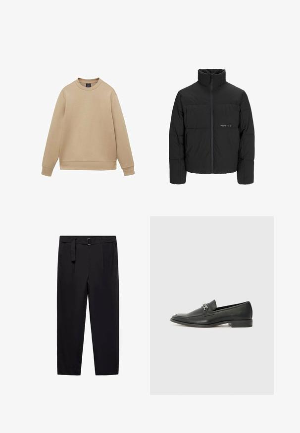 Svart puffjacka med hög krage, främre dragkedjestängning och quiltat mönster. Slätt tyg med en subtil logotyp på bröstet.; Beige sweatshirt tillverkad av mjukt material. Har rund halsringning, långa ärmar och ribbade muddarna med en rak fåll. Minimalistisk design.; Svarta byxor med rak passform, bältesöglor och ett avtagbart bälte. Slät tyg med sidofickor och inga synliga mönster eller detaljer.; Svart läderloafers med en slät yta, med en sydd design och en dekorativ metallkedjeaccent över västen. Platt häldesign.
