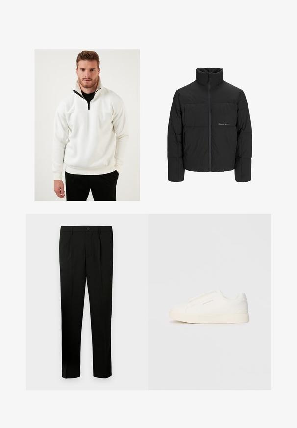 Chaqueta acolchada negra con un alto cuello, cierre frontal de cremallera y diseño acolchado. Tejido suave con un logo sutil en el pecho.; Pulóver blanco hecho de una tela suave, con un cuello de media cremallera y detalles en negro. El diseño incluye puños acanalados y un corte relajado.; Pantalones negros ajustados con frente plano, dos pliegues, cierre de botón, bolsillos laterales y corte recto. Fabricados con una tela suave.; Zapatillas blancas tipo slip-on con una superficie texturizada, suela gruesa y diseño minimalista. Presenta el logo de la marca en un lado.