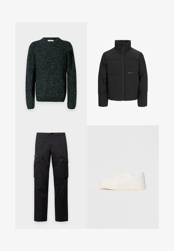 Musta puhvijakku, jossa on korkea kaulus, etuvetoketju ja tikattu muotoilu. Sileä kangas, jossa on hienovarainen logo rinnassa.; Tummanvärinen neulepusero, jossa on pyöreä kaula-aukko, pitkät hihat ja ribbed hihansuut. Materiaali sisältää tekstuuripinnan, jossa on kevyitä läikkiä kauttaaltaan.; Mustat cargo-housut, joissa on useita taskuja, vetoketjullinen tasku reidellä, suora malli ja kestävä puuvillakangas, jossa on kevyt kiilto.; Valkoiset liukusukat, joissa on teksturoitu pinta, paksu pohja ja minimalistikot. Sivulla on brändin logo.