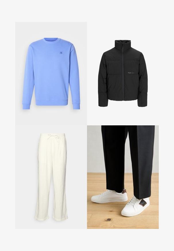 Černá péřová bunda s vysokým límcem, předním zipem a prošívaným designem. Hladká tkanina se subtilním logem na hrudi.; Svetle modrá mikina vyrobená z měkké látky, s kulatým výstřihem, žebrovanými manžetami a malým, nenápadným logem na hrudi.; Lněné kalhoty v odstínu slonové kosti s páskem na stažení, mírně širokými nohavicemi a ohrnutými lemy pro uvolněný fit. Bez kapes.; Bílé tenisky s hladkým povrchem, s hnědými koženými akcenty a černými detaily, kombinované s černými kalhotami na míru. Pozadí tvoří dřevěná podlaha.