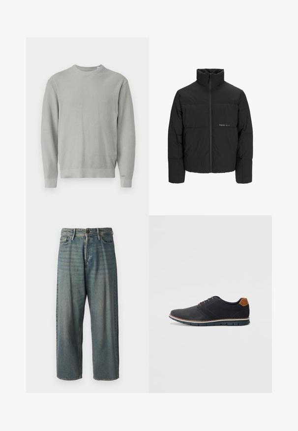 Melnā pūka jaka ar augstu apkakli, priekšējo rāvējslēdzēju un quilted dizainu. Gluda auduma virsma ar maigu logotipu uz krūšu daļas.; Gai pelēks adīts džemperis ar apaļu dekoltē, garām piedurknēm, ribotām aprocēm un apakšmalu. Tekstūrēta auduma ar vienveidīgu rakstu visā virsmā.; Gaiši zili džinsi ar brīvu piegriezumu, vidējo jostas augstumu un taisnām kājām. Satur piecas kabatas, jostas cilpas un pogu aizdari.; Melni sintētiskie apavi ar struktūru augšdaļā, gludu akcentu, brūnu papēdi un kontrastējošu zoli. Iezīmē minimālu šņorēšanu un šuvju detaļas.