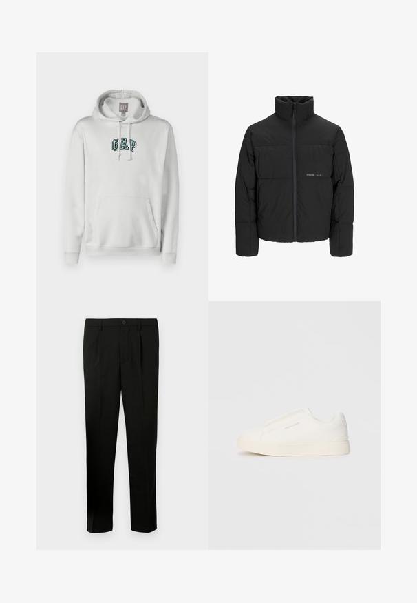 Svart boblejakke med høy krage, frontåpning med glidelås og kviltet design. Glatt stoff med en subtil logo på brystet.; GAP TONAL ARCH - Hoodie - carls stone; Svarte skreddersydde bukser med flat foran, to folder, knappelukking, sidelommer og rette ben. Laget av et glatt stoff.; Hvite slip-on joggesko med teksturert overflate, tykk såle og minimalistisk design. Har merkevarelogo på siden.