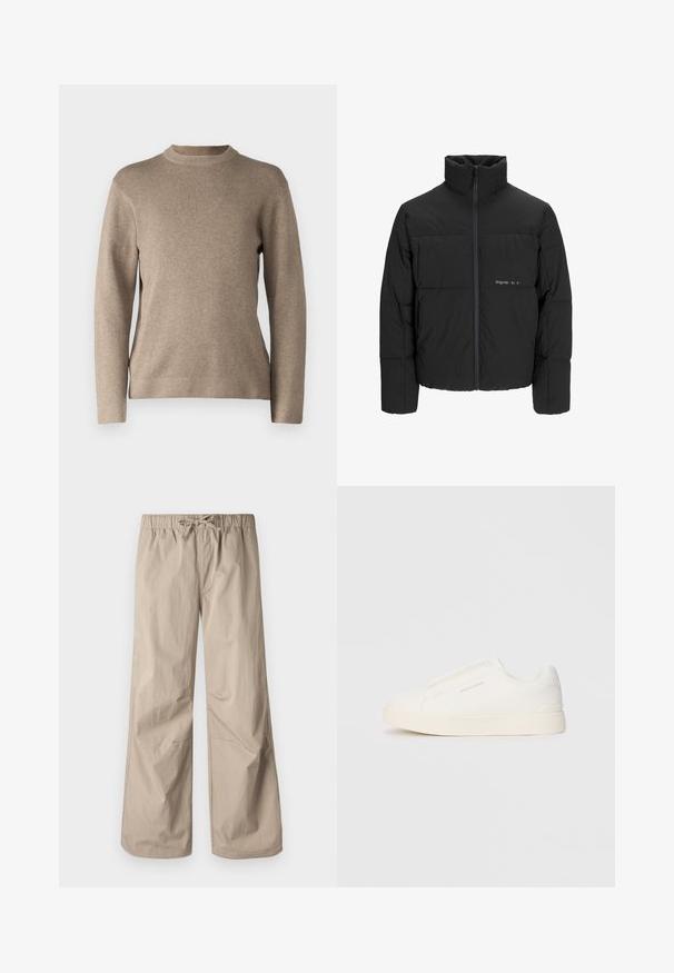 Zwarte pufferjas met een hoge kraag, ritssluiting aan de voorkant en een quilted design. Glad materiaal met een subtiel logo op de borst.; Beige trui met een ronde hals, lange mouwen, geribde manchetten en een zachte, textuurachtige stof. Heeft een eenvoudig ontwerp en een relaxte pasvorm.; Beige wijde broek met een elastische tailleband en trekkoord. Gladde textuur, twee zijzakken en minimale naden voor een relaxte pasvorm.; Witte instap sneakers met een gestructureerd oppervlak, een dikke zool en een minimalistisch ontwerp. Bevat het merklogo aan de zijkant.