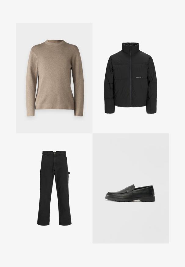 Fekete puff dzseki magas gallérral, elülső cipzárral és steppelt kialakítással. Simaságú anyag, finom logóval a mellkason.; Beige színű pulóver kerek nyakkal, hosszú ujjakkal, bordás mandzsettákkal és puha, texturált anyaggal. Egyszerű dizájnnal és laza szabással rendelkezik.; Fekete cargo nadrág pamut keverékből készült. Széles lábakkal, elöl ferdén zsebekkel és egy oldalsó zsebbel rendelkezik, amelyen egy hurok található kiegészítők számára.; Fekete bőr mokaszinok sima felülettel, a mokaszin stílusú felsőrésszel, varrott részletezéssel és gumitalppal. Klasszikus dizájn alacsony sarokkal.