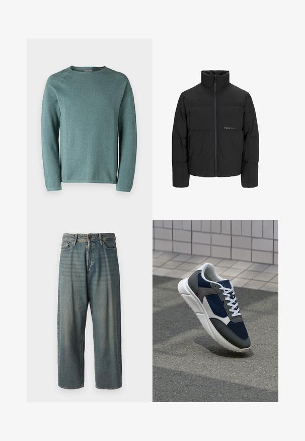 Crna puffer jakna s visokim ovratnikom, prednjim zatvaračem i kviltanim dizajnom. Glatka tkanina s suptilnim logotipom na prsima.; Jack & Jones JJEHILL CREW NECK - Vesta - goblin blue; Svijetloplave traperice s širokim krojem, srednjim pojasom i ravnim nogavicama. Ima pet džepova, petlje za remen i kopčanje na gumb.; Tenisice s gornjim dijelom od mrežastog materijala tamnoplave boje, siva antilopova naglašavanja, bijela gumena potplat i ravne bijele vezice, dizajnirane za udobnost i prozračnost.