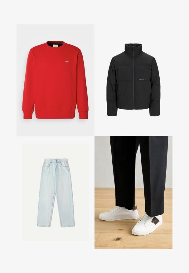 Black puffer jacket featuring a high collar, front zip closure, and quilted design. Smooth fabric with a subtle logo on the chest.; Red sweatshirt with long sleeves, crew neck, and ribbed cuffs. Features a small logo on the chest. Made from a smooth, blended fabric.; Light blue denim jeans with a relaxed fit, straight leg design, five-pocket styling, and subtle fading on the fabric.; White sneakers with smooth texture, featuring brown leather accents and black detailing, paired with black tailored pants. Wooden floor background.