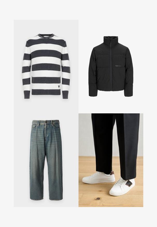 Mustra musta puffer-jakk, millel on kõrge krae, eesne tõmblukku ja tikandiga disain. Sile kangas, millel on rindkeres diskreetne logo.; Triibuline sviiter, millel on paksud tumelõhnavad ja valged horisontaalsed triibud; sooniline tekstuur; ümar kaelus; väike kolmnurkne detail äärisel.; Heledad sinine denim-stiilis teksad, volüümse lõike, keskmise kõrgusega talje ja sirgete säärega. Omab viit taskut, vöökumme ja nööpide sulgemist.; Valged sneakersid siledat tekstuurist, millel on pruunad nahast detailid ja mustad aksessuaarid, millele on sobitatud mustad kohandatud püksid. Puitpõranda taust.