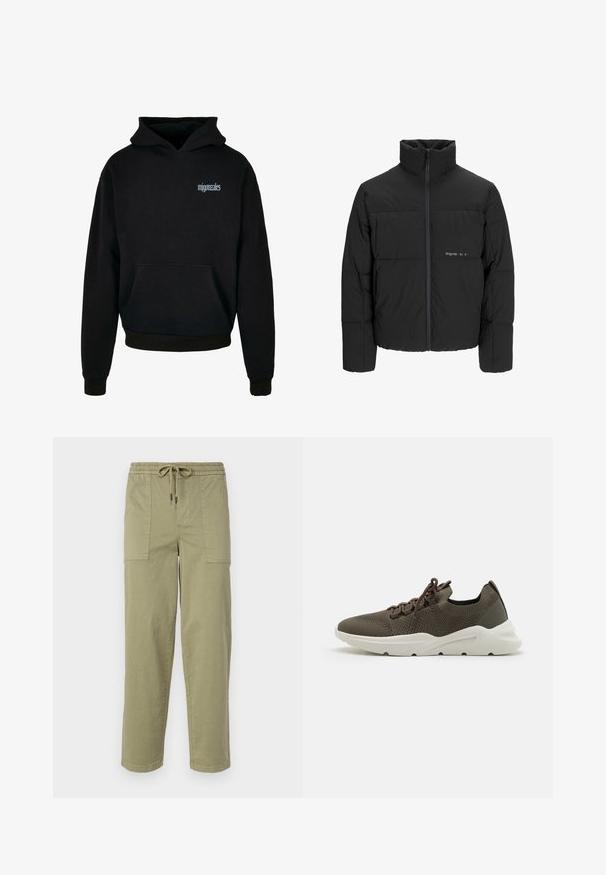 Doudoune noire avec un col haut, fermeture éclair sur le devant et design matelassé. Tissu lisse avec un logo subtil sur la poitrine.; Hoodie noir en tissu tissé avec une poche frontale. Équipé d'une capuche avec cordon de serrage et d'un logo brodé "mjgonzales" en bleu clair.; Pantalons vert olive clair en tissu mélangé coton, dotés d'une taille élastique avec cordon de serrage et de deux grandes poches latérales.; Basket en maille vert olive foncé avec une surface texturée, semelle en caoutchouc blanc et un accent de talon foncé contrastant.