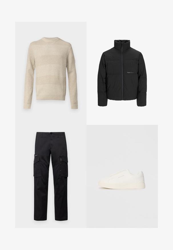 Schwarze Pufferjacke mit hohem Kragen, Front-Reißverschluss und gestepptem Design. Glattes Material mit dezentem Logo auf der Brust.; Beiger gestrickter Pullover mit horizontalen Streifen, rundem Ausschnitt und strukturierten Details an Ärmeln und Körper. Mit Rippenbündchen und -saum.; Schwarze Cargo-Hosen mit mehreren Taschen, einer Reißverschlusstasche am Oberschenkel, geradem Schnitt und strapazierfähigem Baumwollstoff mit leichtem Glanz.; Weiße Slip-On-Sneaker mit einer strukturierten Oberfläche, dicker Sohle und minimalistischem Design. Mit Logo der Marke an der Seite.
