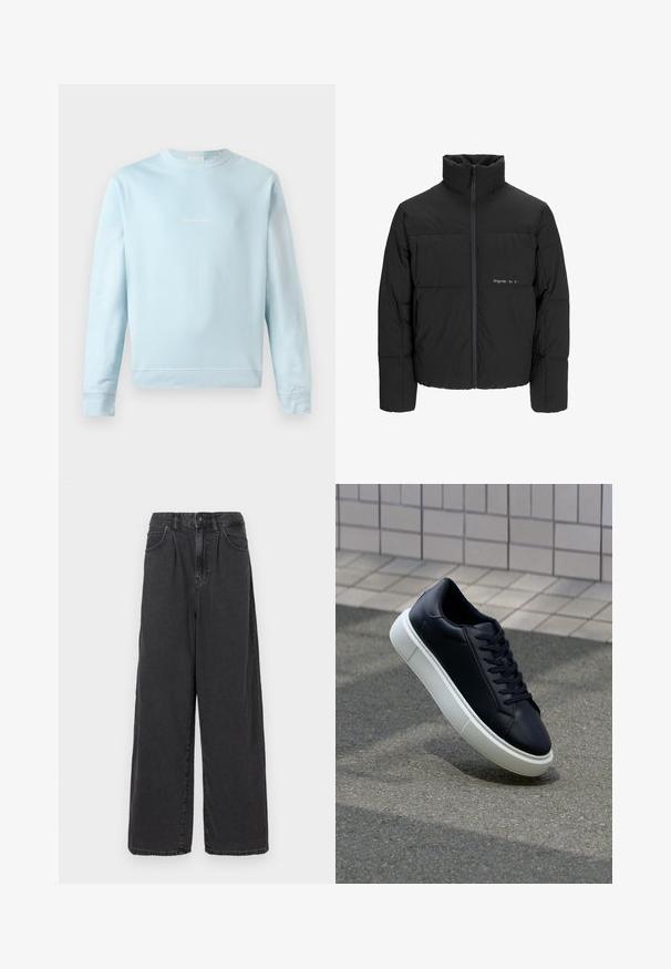 Svart boblejakke med høy krage, frontåpning med glidelås og kviltet design. Glatt stoff med en subtil logo på brystet.; Lys blå sweatshirt laget av myk bomull, med rund hals, ribbede mansjetter og en liten, subtil logo sydd på forsiden.; Bredde ben, høy midje svarte dongeri bukser med knapp og glidelås foran, med sidelommer og en glatt tekstur.; Sorte skinnsneakers med rund tå og hvit gummisåle. Har flate lisser og minimal søm på overdelen. Strukturert såle for grep.