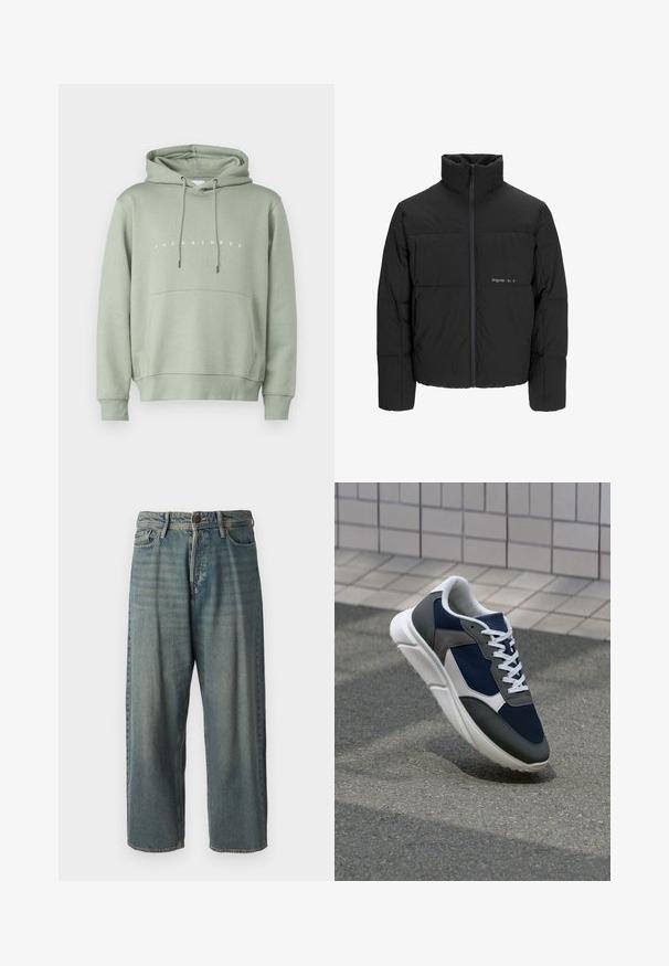 Doudoune noire avec un col haut, fermeture éclair sur le devant et design matelassé. Tissu lisse avec un logo subtil sur la poitrine.; Sweat à capuche vert clair avec une poche avant, un capuchon réglable à cordon de serrage et un logo blanc "JACK & JONES" sur la poitrine. Texture lisse.; Jeans en denim bleu clair avec une coupe ample, taille mi-haute et jambes droites. Comprend cinq poches, des passants de ceinture et une fermeture à bouton.; Baskets avec une tige en mesh bleu marine, des accents en suède gris, une semelle en caoutchouc blanc et des lacets plats blancs, conçues pour le confort et la respirabilité.