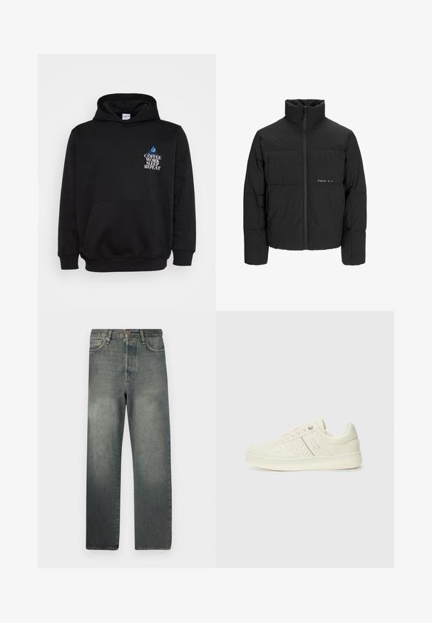 Black puffer jacket featuring a high collar, front zip closure, and quilted design. Smooth fabric with a subtle logo on the chest.; Black hooded sweatshirt with a front pocket. Features white and blue text: "COFFEE WORK SLEEP REPEAT" above a graphic of a seated person.; Jack & Jones JJIALEX JJCOOPER - Baggy Jeans - black denim; Cream-colored sneaker with perforated detailing, laces, and logo on the side, displayed against a plain white background.
