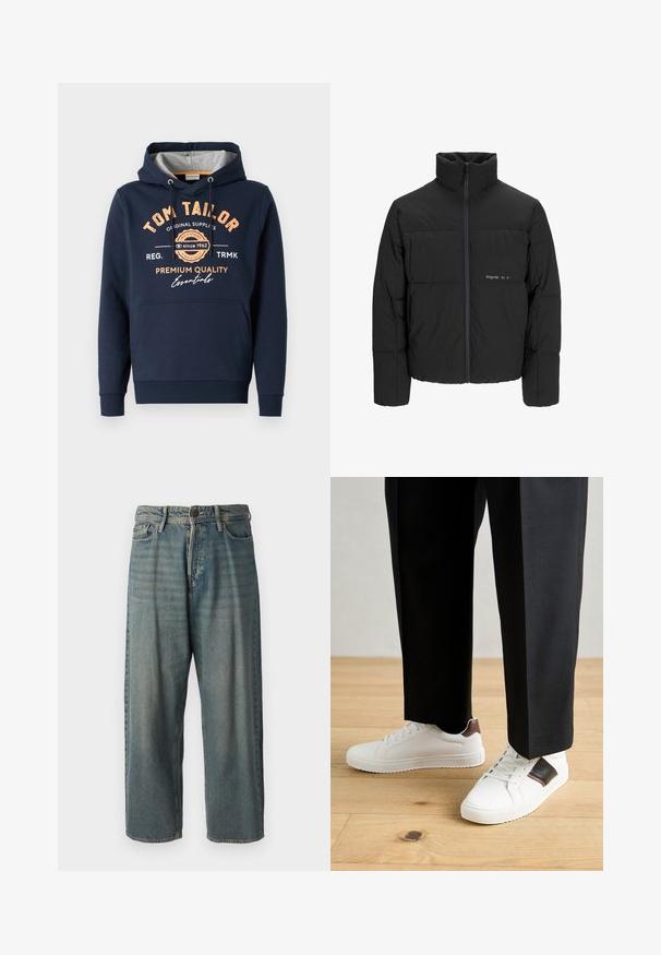 Melnā pūka jaka ar augstu apkakli, priekšējo rāvējslēdzēju un quilted dizainu. Gluda auduma virsma ar maigu logotipu uz krūšu daļas.; Jūras spēku kapuce ar džemperi, kas izgatavots no kokvilnas ar pelēku iekšpusi. Iezīmē oranžus uzrakstus un logo priekšā, kangaru kabatu un ribinātām aprocēm.; Gaiši zili džinsi ar brīvu piegriezumu, vidējo jostas augstumu un taisnām kājām. Satur piecas kabatas, jostas cilpas un pogu aizdari.; Baltā pārsoļa apavi ar gludu tekstūru, papildināti ar brūniem ādas akcentiem un melniem elementiem, savienoti ar melnām pielāgotām biksēm. Koka grīdas fons.