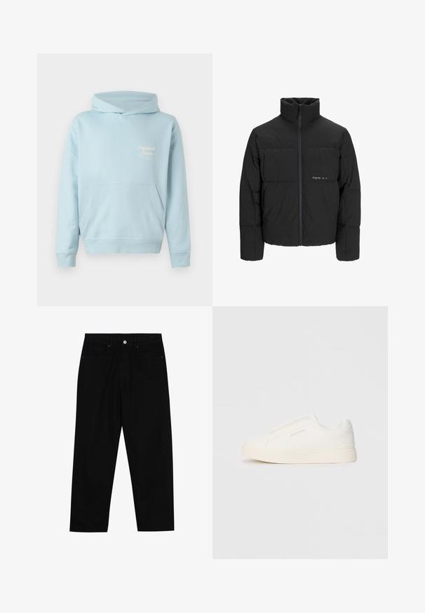 Sort dunjakke med høj krave, frontlynlås og quiltet design. Glat materiale med en diskret logo på brystet.; Lyseblå hættetrøje med en frontlomme, ribbede manchetter og et broderet logo på brystet. Blødt stof og afslappet pasform.; Sorte denimbukser med lige ben, fem lomme-design og knaplukning foran. Glat tekstur med minimale syninger.; Hvide slip-on sneakers med en struktureret overflade, en tyk sål og et minimalistisk design. Har brandlogoet på siden.