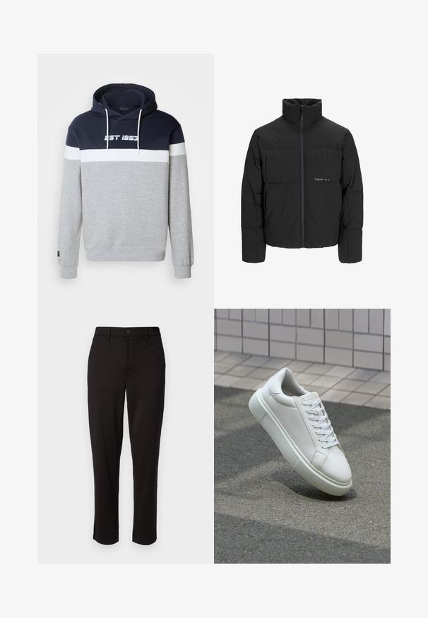 Doudoune noire avec un col haut, fermeture éclair sur le devant et design matelassé. Tissu lisse avec un logo subtil sur la poitrine.; Sweatshirt à capuche avec un corps gris, un panneau supérieur bleu marine et une bande horizontale blanche portant l'inscription "EST 1993" en blanc. Matière en mélange de coton.; Pantalon noir en tissu léger, avec une coupe droite, fermeture à bouton à l'avant, passants de ceinture et poches latérales.; Baskets en cuir blanc avec une surface lisse, bout rond et lacets plats blancs. Présentent une semelle en caoutchouc texturée et des éléments de design minimalistes.