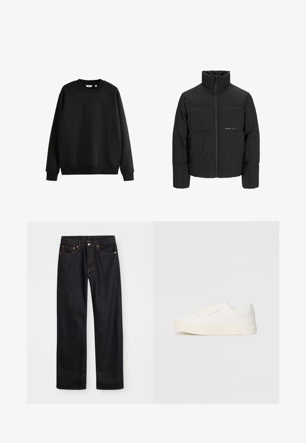 Chaqueta acolchada negra con un alto cuello, cierre frontal de cremallera y diseño acolchado. Tejido suave con un logo sutil en el pecho.; Sudadera negra hecha de tela suave, con cuello redondo y puños de canalé. Presenta un dobladillo recto y un diseño minimalista.; Jeans de mezclilla negros de pierna recta para hombre, con cinco bolsillos y costuras en color naranja, cierre de botón y cremallera en la parte delantera de la cintura.; Zapatillas blancas tipo slip-on con una superficie texturizada, suela gruesa y diseño minimalista. Presenta el logo de la marca en un lado.