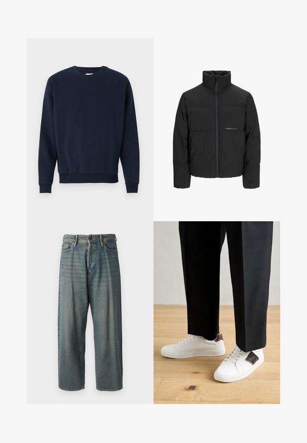 Juodas pūkinis švarkas su aukštu apykakle, priekiniais užtrauktukais ir kvadratinės siuvimo dizainu. Lygus audinys su subtiliu logotipu krūtinėje.; Tamsiai mėlynas medvilninis megztinis su apvalia kaklo iškirpte, ilgomis rankovėmis ir raibaismanžetais bei apačia. Lygus paviršius, minimalus dizainas, be matomų logotipų.; Šviesiai mėlyni džinsai su laisvu siluetu, vidutinio aukščio juosmeniu ir tiesiomis kojomis. Su penkiais kišenėmis, diržo kilpo ir mygtukų uždarymu.; Balti sportbačiai su glotnia danga, puošti rudais odiniais akcentais ir juodais detalėmis, derinami su juodais pritaikytais kelnėmis. Medinių grindų fonas.