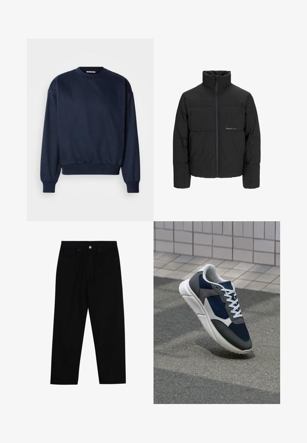 Sort dunjakke med høj krave, frontlynlås og quiltet design. Glat materiale med en diskret logo på brystet.; Mørkeblå sweatshirt med rund hals, lange ærmer, ribbede manchetter og talje, lavet af et glat, blødt stof.; Sorte denimbukser med lige ben, fem lomme-design og knaplukning foran. Glat tekstur med minimale syninger.; Sneakers med en overdel i marineblå mesh, grå suedeteksturer, hvid gummisål og flade hvide snørebånd, designet til komfort og åndbarhed.