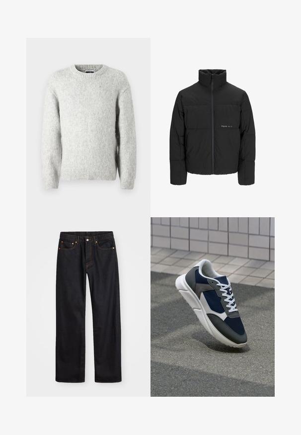 Schwarze Pufferjacke mit hohem Kragen, Front-Reißverschluss und gestepptem Design. Glattes Material mit dezentem Logo auf der Brust.; Jack & Jones JCOREFLEX FUZZY CREW NECK - Strickpullover - light grey melange; Herren gerade geschnittene schwarze Jeans aus Denim mit fünf Taschen und orangefarbenen Nähten, Knopf- und Reißverschluss vorne am Bund.; Sneaker mit einem Obermaterial aus navyblauem Mesh, grauen Wildlederelementen, einer weißen Gummisohle und flachen weißen Schnürsenkeln, entworfen für Komfort und Atmungsaktivität.