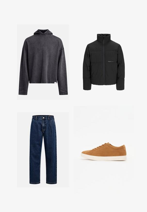 Zwarte pufferjas met een hoge kraag, ritssluiting aan de voorkant en een quilted design. Glad materiaal met een subtiel logo op de borst.; Zwarte cropped hoodie gemaakt van zachte, textuurstof. Voorzien van een trekkoordkap, lange mouwen en zichtbare stiksels langs de randen.; Donkerblauwe denim jeans met een rechtlopende pasvorm. Beschikt over zichtbare stiksels, een knoopsluiting en voorste plooien voor extra detail.; Bruine leren sneakers met een laag ontwerp, witte rubberen zool en ronde neus. Bevat bijpassende veters en minimale branding op de hiel.