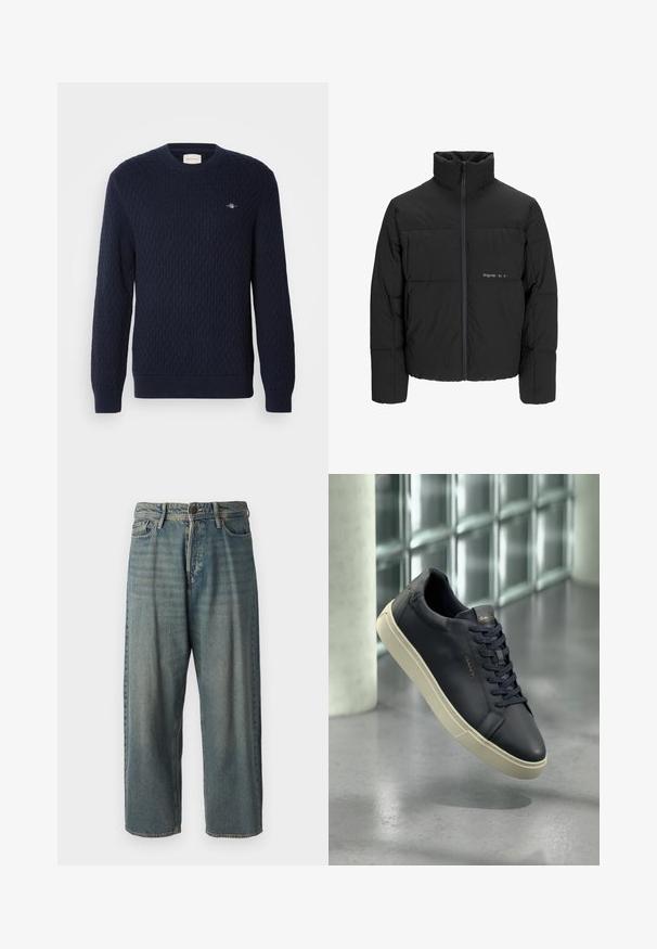 Doudoune noire avec un col haut, fermeture éclair sur le devant et design matelassé. Tissu lisse avec un logo subtil sur la poitrine.; Pull en maille bleu marine présentant une texture en diamant, col rond et poignets côtelés. Petit logo brodé sur le côté supérieur gauche.; Jeans en denim bleu clair avec une coupe ample, taille mi-haute et jambes droites. Comprend cinq poches, des passants de ceinture et une fermeture à bouton.; Baskets en cuir bleu marine avec un bout rond, des lacets plats et une semelle texturée ; elles se distinguent par un logo sur la languette, contrasté par une semelle extérieure couleur crème.