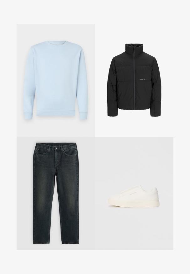 Fekete puff dzseki magas gallérral, elülső cipzárral és steppelt kialakítással. Simaságú anyag, finom logóval a mellkason.; Világoskék pulóver puha pamutból, kerek nyakkal, bordázott mandzsettákkal és szegéllyel. Sima textúra, nincs rajta minta vagy díszítés.; Fekete farmernadrág egyenes szárú szabással, öt zsebes kialakítással és enyhe kopási részletekkel. Gombos és cipzáras záródással rendelkezik.; Fehér slip-on sportcipők texturált felülettel, vastag talppal és minimalista dizájnnal. Az oldalon a márka logója található.
