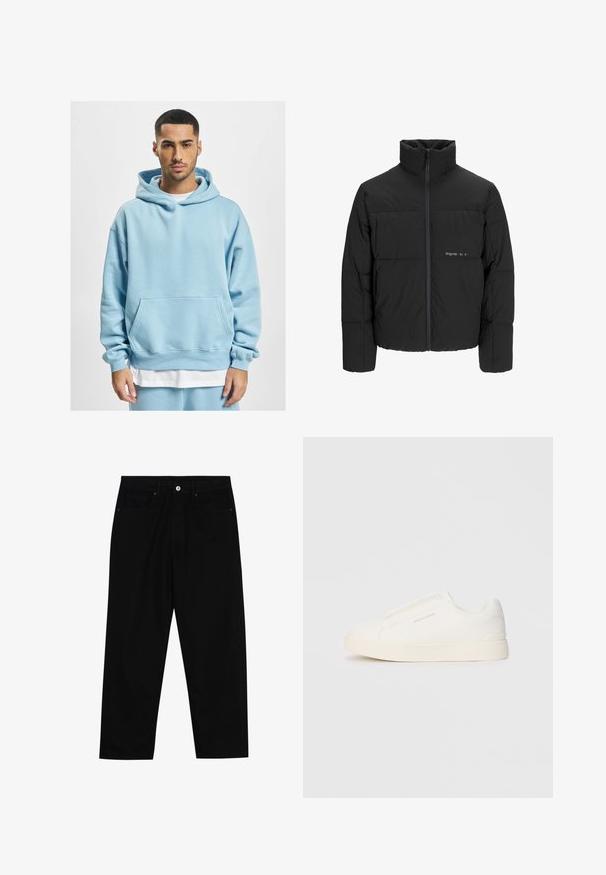 Schwarze Pufferjacke mit hohem Kragen, Front-Reißverschluss und gestepptem Design. Glattes Material mit dezentem Logo auf der Brust.; Helle blaue Kapuzenpullover aus weichem Stoff, mit einer Kängurutasche, Zugbandkapuze und gerippten Bündchen. Über einem weißen Shirt getragen.; Schwarze Jeans mit geradem Schnitt, Fünf-Taschen-Design und einem vorderen Knopfverschluss. Glatte Textur mit minimalen Nähten.; Weiße Slip-On-Sneaker mit einer strukturierten Oberfläche, dicker Sohle und minimalistischem Design. Mit Logo der Marke an der Seite.