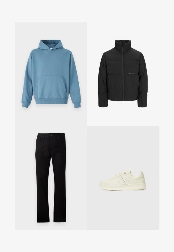 Zwarte pufferjas met een hoge kraag, ritssluiting aan de voorkant en een quilted design. Glad materiaal met een subtiel logo op de borst.; Blauwe katoenen hoodie met een voorzak, lange mouwen en een capuchon met trekkoord. Gladde textuur en ribgebreide manchetten aan de zoom en mouwen.; Zwarte rechte jeans gemaakt van denim, met een voor sluiting met knoop, twee zijzakken en een gladde textuur.; Crème-kleurige sneaker met geperforeerde details, veters en een logo aan de zijkant, weergegeven tegen een eenvoudige witte achtergrond.