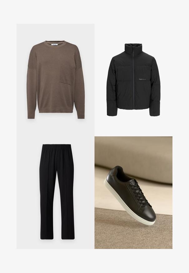Doudoune noire avec un col haut, fermeture éclair sur le devant et design matelassé. Tissu lisse avec un logo subtil sur la poitrine.; Pull en laine marron à manches longues avec un col rond, doté d'une poche frontale et d'un design en tricot texturé. La coupe est décontractée et les manches sont légèrement descendues.; Pantalons noirs à taille élastique avec une coupe droite, présentant une texture lisse et sans motifs ni éléments visibles.; Baskets en cuir noir avec une semelle en caoutchouc blanc et des lacets noirs, posées sur une surface et un fond en tissu beige.