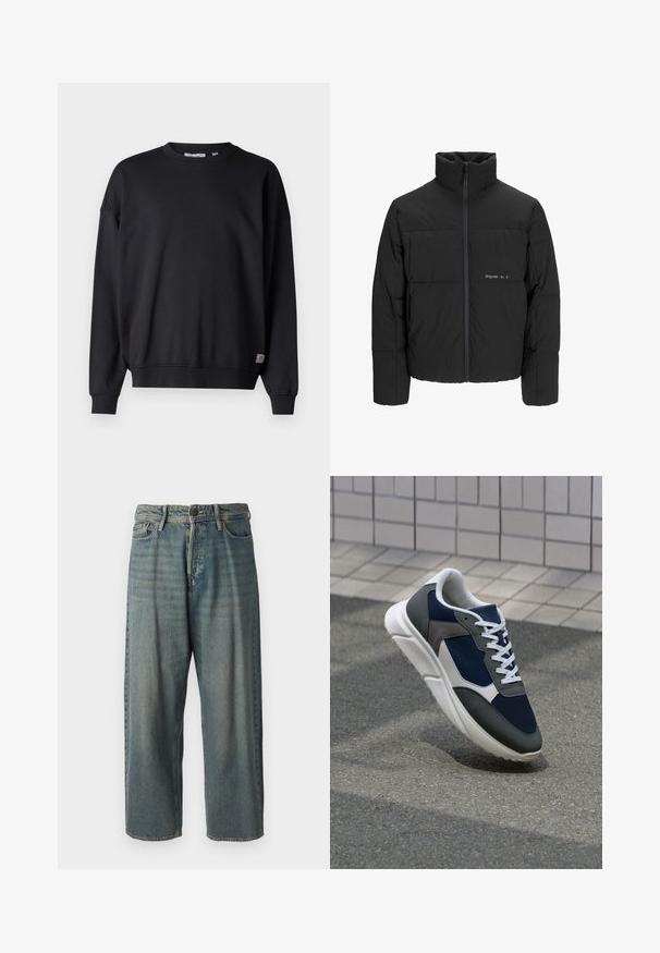 Czarna kurtka puchowa z wysokim kołnierzem, z przodu na zamek błyskawiczny i pikowanym wzorem. Gładki materiał z subtelnym logo na piersi.; Czarna bluza z długimi rękawami, z okrągłym dekoltem, ściągaczami przy rękawach i na dole. Wykonana z miękkiego materiału, z małą naszywką logo na dole.; Jasnoniebieskie dżinsy o luźnym kroju, średnim stanie i prostych nogawkach. Posiadają pięć kieszeni, szlufki na pasek oraz zapięcie na guzik.; Sneakers z granatową siateczkową cholewką, szarymi zamszowymi akcentami, białą gumową podeszwą i płaskimi białymi sznurówkami, zaprojektowane z myślą o komforcie i wentylacji.