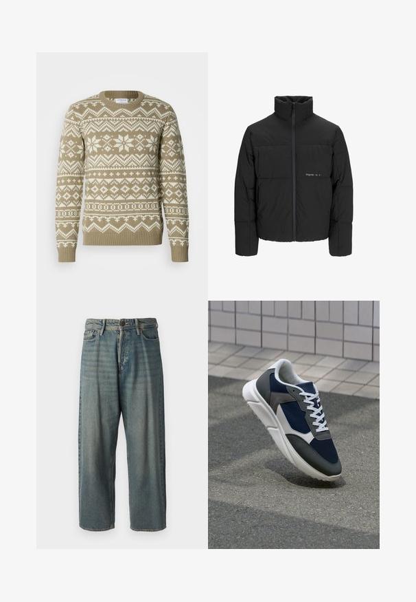 Black puffer jacket featuring a high collar, front zip closure, and quilted design. Smooth fabric with a subtle logo on the chest.; Knit sweater in sandy beige with white geometric and floral patterns. Features a round neck and ribbed cuffs and hem.; Light blue denim jeans with a loose fit, mid-rise waist, and straight legs. Features five pockets, belt loops, and a button closure.; Sneaker featuring a navy blue mesh upper, gray suede accents, white rubber sole, and flat white laces, designed for comfort and breathability.