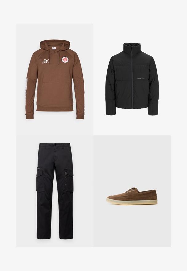 Mustra musta puffer-jakk, millel on kõrge krae, eesne tõmblukku ja tikandiga disain. Sile kangas, millel on rindkeres diskreetne logo.; Pruun kapuutsiga pusa, mis on valmistatud pehmest materjalist. Sellel on eesmine tasku, reguleeritav kapuuts ning valged spordidetailid varrukatel koos logoga.; Mustad mustree püksid, millel on mitu taskut, lukuulukuga tasku reie peal, sirge lõige ja tugevast puuvillast materjal, millel on kerge läige.; Pruunid nahast kingad, madala profiiliga, nööbitava disainiga, kummist tallaga ja kontrastsete õmblustega. Lihtne ja funktsionaalne stiil.