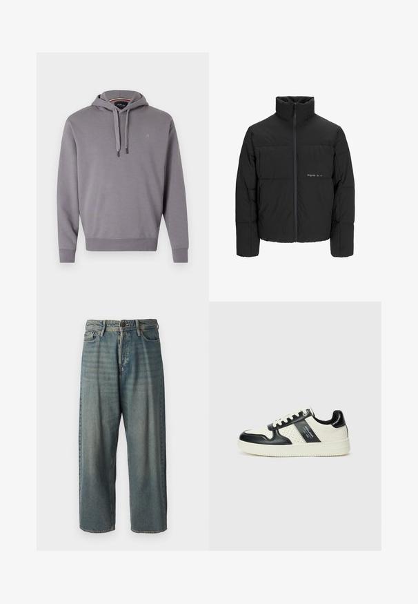 Giubbotto bomber nero con colletto alto, chiusura frontale con zip e design trapuntato. Tessuto liscio con un logo discreto sul petto.; Felpa grigia con cappuccio regolabile, polsini e orlo a costine, caratterizzata da un piccolo logo sul petto. Tessuto morbido con una texture liscia.; Jeans di denim azzurro chiaro con vestibilità ampia, vita media e gambe dritte. Presenta cinque tasche, passanti per cintura e chiusura con bottone.; Sneakers in pelle con una combinazione di colori nero e crema, dotati di dettagli perforati, collare imbottito e suola testurizzata.