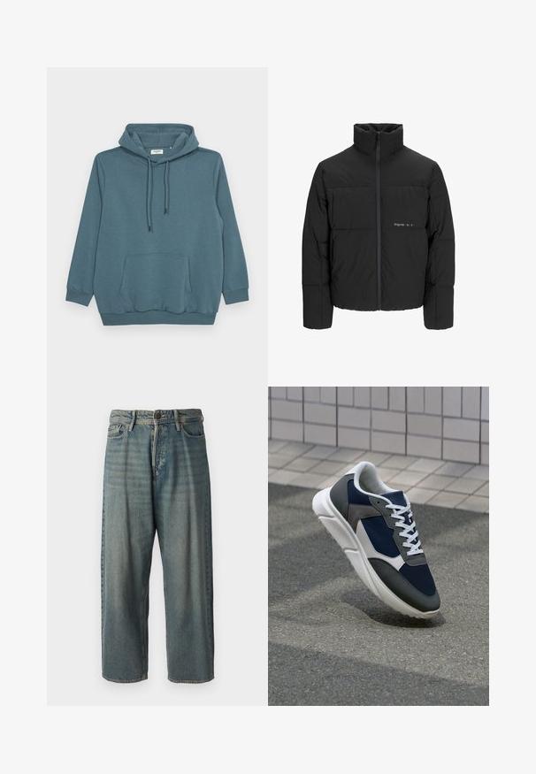 Melnā pūka jaka ar augstu apkakli, priekšējo rāvējslēdzēju un quilted dizainu. Gluda auduma virsma ar maigu logotipu uz krūšu daļas.; Tūbā zaļas krāsas kapučo, ar auklu humoru, garām piedurknēm, priekšējo kangaroo kabatu un ribinātām aprocēm un apakšdaļu gludā audumā.; Gaiši zili džinsi ar brīvu piegriezumu, vidējo jostas augstumu un taisnām kājām. Satur piecas kabatas, jostas cilpas un pogu aizdari.; Sporta apavi ar tumši zilas krāsas tīkla augšdaļu, pelēku zamšādas akcentiem, baltu gumijas zoli un plakaniem baltiem šņorēm, kas izstrādāti komfortam un elpojamībai.