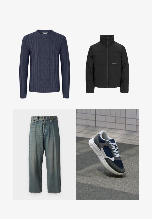 Melnā pūka jaka ar augstu apkakli, priekšējo rāvējslēdzēju un quilted dizainu. Gluda auduma virsma ar maigu logotipu uz krūšu daļas.; Tumši zila adīta džemperis ar teksturētām kabeli rakstiem, apaļu izgriezumu un ribotām piedurknēm un apakšmalu. Izgatavots no mīkstas, izturīgas auduma.; Gaiši zili džinsi ar brīvu piegriezumu, vidējo jostas augstumu un taisnām kājām. Satur piecas kabatas, jostas cilpas un pogu aizdari.; Sporta apavi ar tumši zilas krāsas tīkla augšdaļu, pelēku zamšādas akcentiem, baltu gumijas zoli un plakaniem baltiem šņorēm, kas izstrādāti komfortam un elpojamībai.