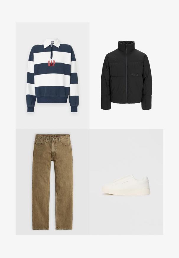 Svart puffjacka med hög krage, främre dragkedjestängning och quiltat mönster. Slätt tyg med en subtil logotyp på bröstet.; Marinblå och vit randig sweatshirt med zipkrage, med broderad "GAP" logotyp i röd färg på mitten. Mjuk tyg, avslappnad passform.; Ljust bruna denimjeans med rak bendesign, femfickorsstil och kopparfärgad hårdvara. Texturerad tyg med synliga sömdetaljer.; Vita slip-on sneakers med en texturerad yta, en tjock sula och minimalistisk design. Har varumärkeslogotypen på sidan.