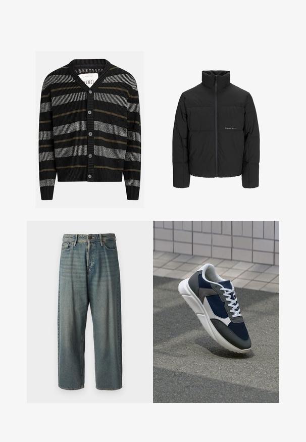 Fekete puff dzseki magas gallérral, elülső cipzárral és steppelt kialakítással. Simaságú anyag, finom logóval a mellkason.; Fekete kardigán függőleges szürke és olíva csíkokkal. V-nyakkivágással, bordázott mandzsettákkal és hat fekete gombbal az elején.; Világoskék farmernadrág, laza fazonnal, közepes derékbőséggel és egyenes szárral. Öt zsebet, övbucskát és gombos záródást tartalmaz.; Cipő, amelynek sötétkék hálós felsőrésze, szürke velúr díszítései, fehér gumitalpa és lapos fehér fűzője van, a kényelem és a légáteresztő képesség érdekében tervezve.