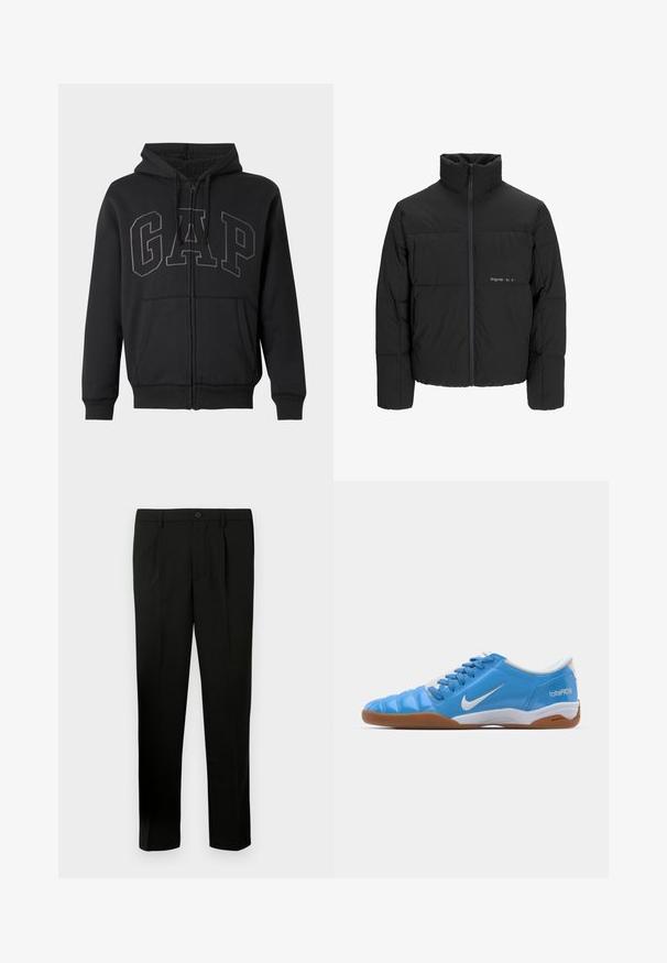 Schwarze Pufferjacke mit hohem Kragen, Front-Reißverschluss und gestepptem Design. Glattes Material mit dezentem Logo auf der Brust.; Schwarze Zip-Hoodie mit Fronttaschen, Kapuze mit Kordelzug und großem gesticktem "GAP"-Logo über der Brust, innen mit weichem Fleece gefüttert.; Schwarze maßgeschneiderte Hose mit flachem Vorderteil, zwei Falten, Knopfverschluss, Seiten Taschen und geradem Bein. Hergestellt aus glattem Stoff.; Blaue Sport Schuhe mit einem glatten synthetischen Obermaterial, weißen Akzenten und einer Gummisohle; ausgestattet mit Schnürsenkeln und einer Markenkennzeichnung an der Seite.