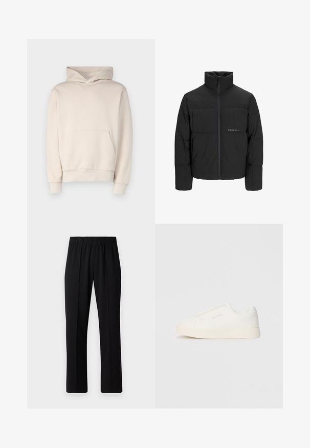 Doudoune noire avec un col haut, fermeture éclair sur le devant et design matelassé. Tissu lisse avec un logo subtil sur la poitrine.; Hoodie beige en tissu doux, doté d'une poche ventrale, de poignets côtelés et d'une capuche avec cordons de serrage. Design simple et épuré.; Pantalons noirs à taille élastique avec une coupe droite, présentant une texture lisse et sans motifs ni éléments visibles.; Baskets blanches sans lacets avec une surface texturée, une semelle épaisse et un design minimaliste. Présente le logo de la marque sur le côté.